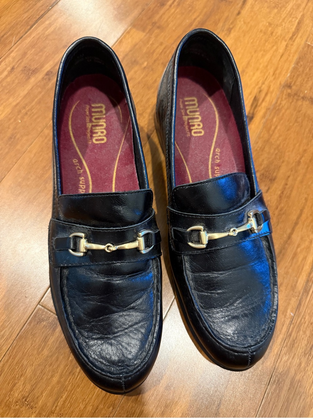 Munro Black Leather Loafers with Gold Hardware